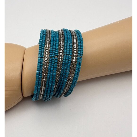 Blue & Silver Beaded Coil Bracelet Stretch Design Silver Tone Bohemian Style - Picture 6 of 6